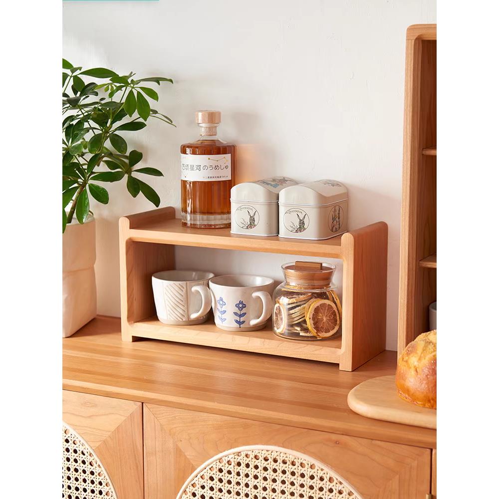 北欧日式桌面整木实木置物架樱桃木双层茶具咖啡杯子收纳层架摆件