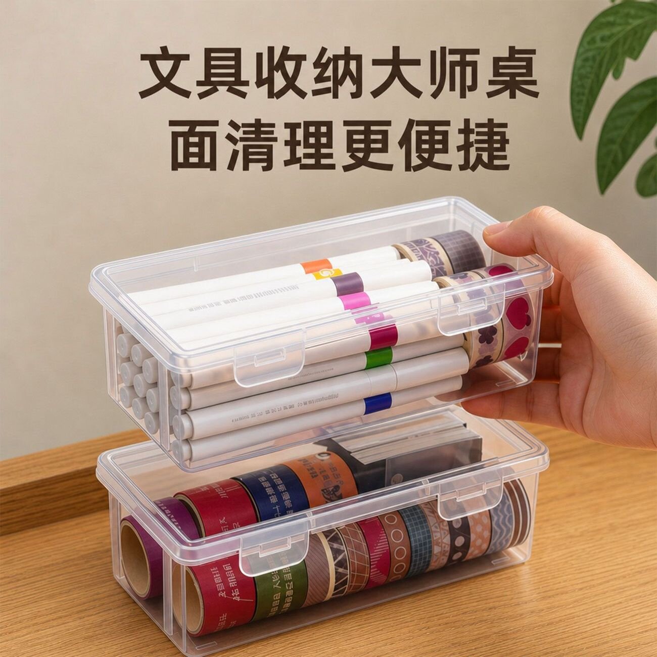 铅笔收纳盒带盖大容量透明文具收纳盒彩铅儿童蜡笔车载储物文具盒