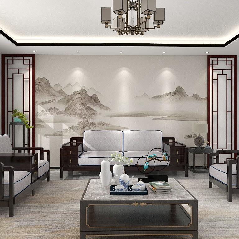 新中式水墨山水画护墙板客厅卧室电视背景墙板竹木纤维沙发集成板