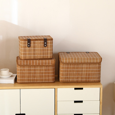 竹子带盖桌面化妆品收纳盒 杂物整理竹编设计收纳筐 脏衣服收纳筐