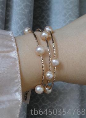 高档手韩版首饰品纯天淡水珍然珠手链串女S925银手镯层圈多情人节