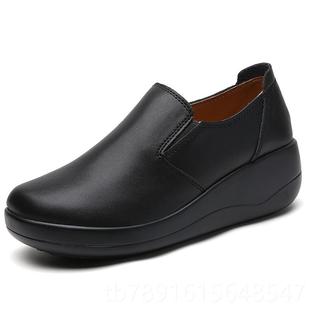 正品真单鞋坡跟厚底一脚蹬松糕女皮鞋工作鞋色妈妈软黑底舒适女春