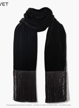 100%桑蚕丝基布黑色真丝丝绒围巾流苏简约时尚秋冬季加厚