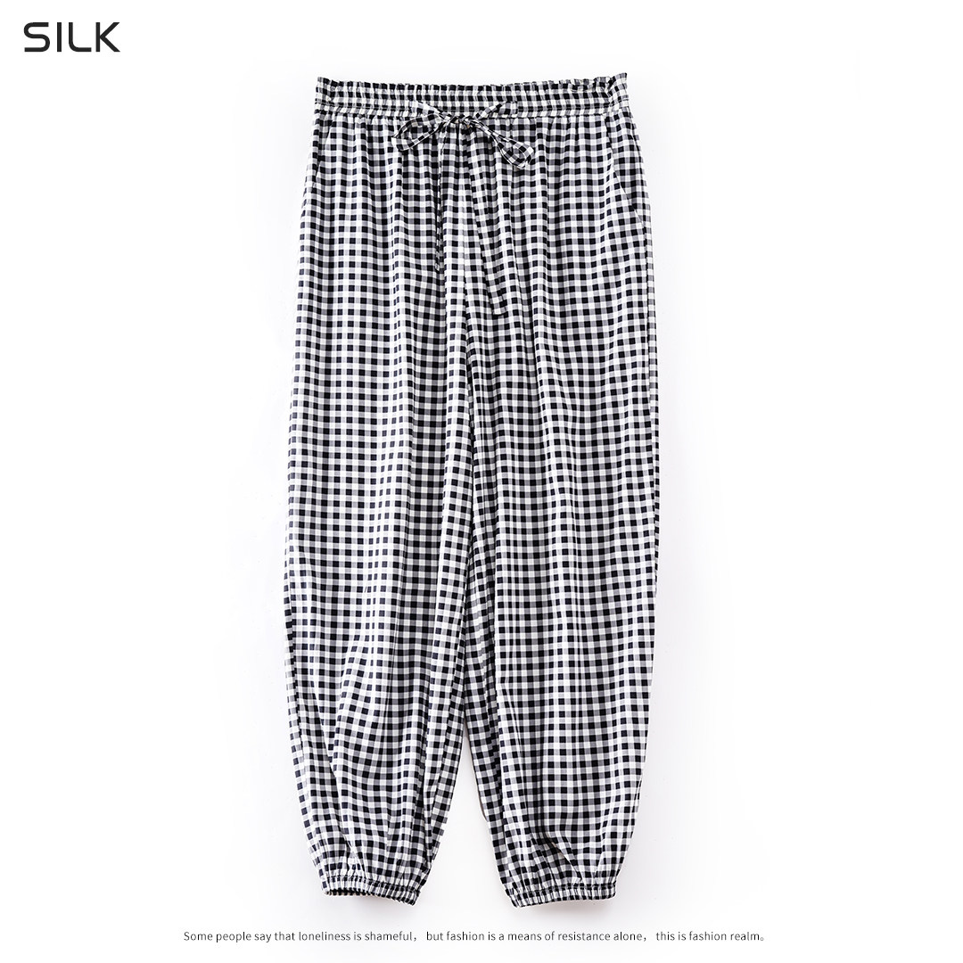 花萝提花缎高端女装桑蚕丝松紧腰束脚百搭真丝休闲月子裤