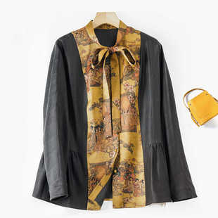 100%桑蚕丝香云纱绢丝人字纹国风女装长袖印花衬衫仕女图原色上衣