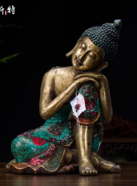 《自在佛铜像》西藏家居用品客厅摆件尼泊尔铜镶嵌宝石大号1尺