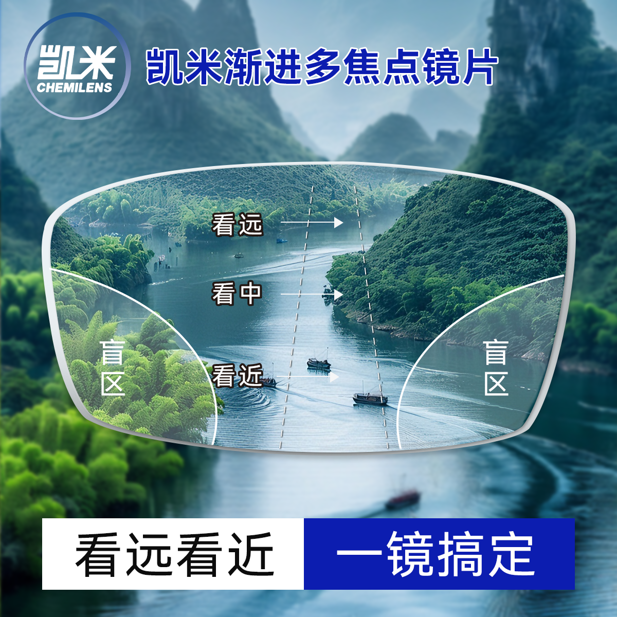 韩国凯米内渐进多焦点眼镜片U6防蓝光看远看近两用薄远视老花镜Y