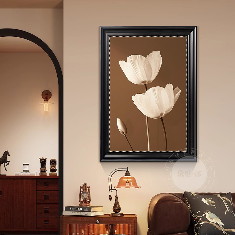 中古风客厅玄关装饰画复古花卉沙发背景墙挂画餐厅卧室壁画砂岩画图片