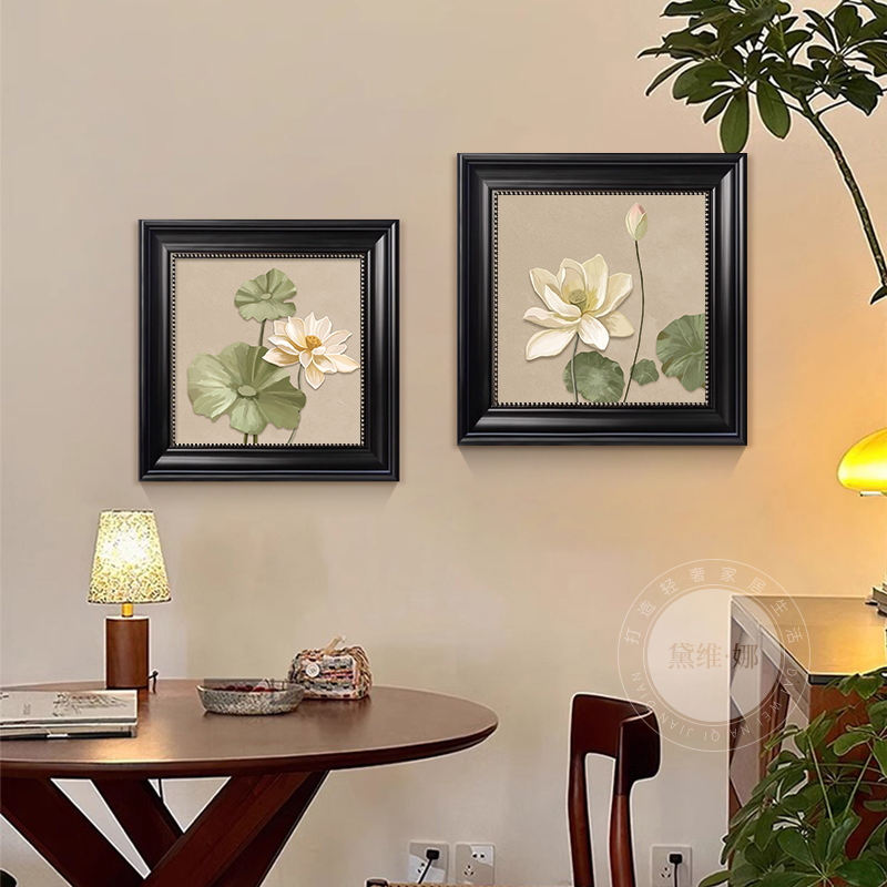 中古风客厅装饰画荷花复古玄关过道餐厅高级感挂画卧室床头柜壁画图片