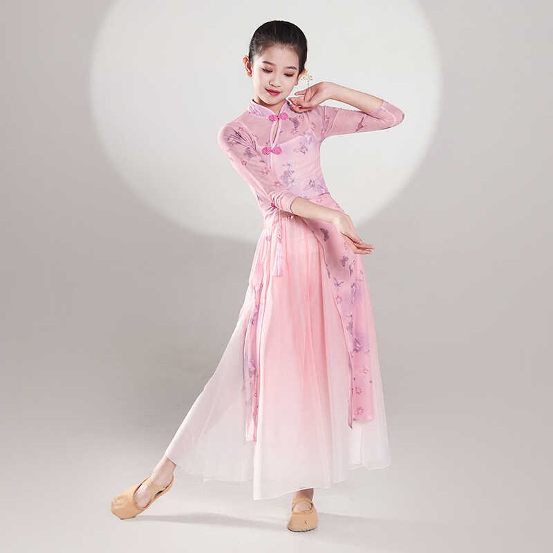 古典舞蹈服女儿童旗袍弹力v舞蹈服身韵飘逸纱衣练功服扇子舞表演