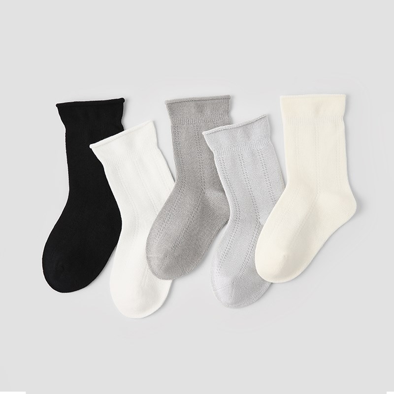 男童袜子纯棉春秋款中筒袜儿童春夏季薄款黑白卷边透W气无骨棉袜