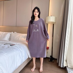 秋冬日系德绒长袖 加肥200斤睡裙女保暖薄U绒小鹿T恤裙女 长款 大码