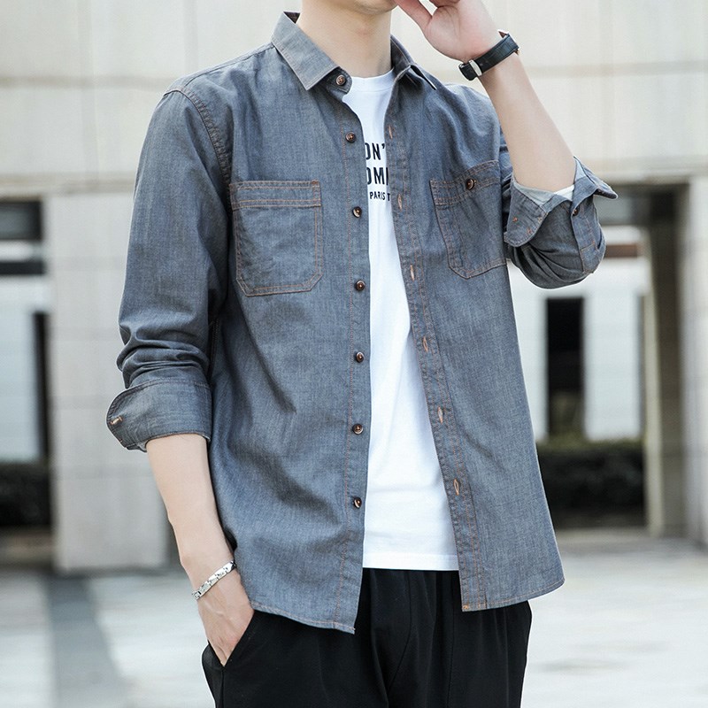 春季男士新款纯棉牛仔长袖衬衫宽松休闲衬衣上衣服寸W男装外套潮