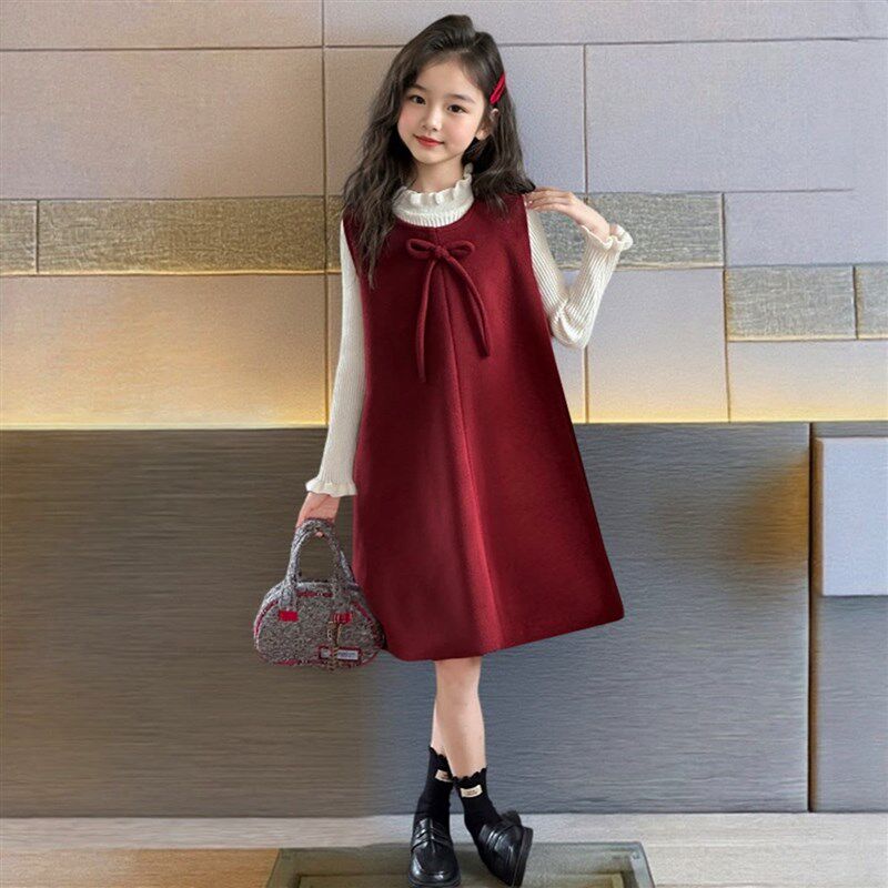 女童红色毛呢加绒背心裙秋冬2x025新款木耳边领加厚针织衫过年衣