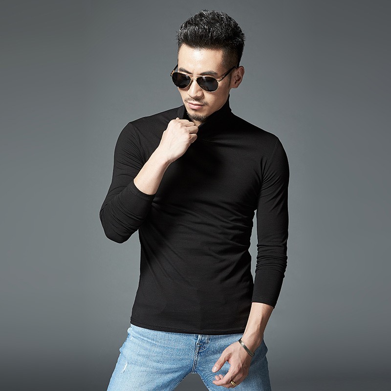 纯棉中高领男士长袖t恤潮流秋衣内搭H纯色外穿秋季衣服弹力打底衫