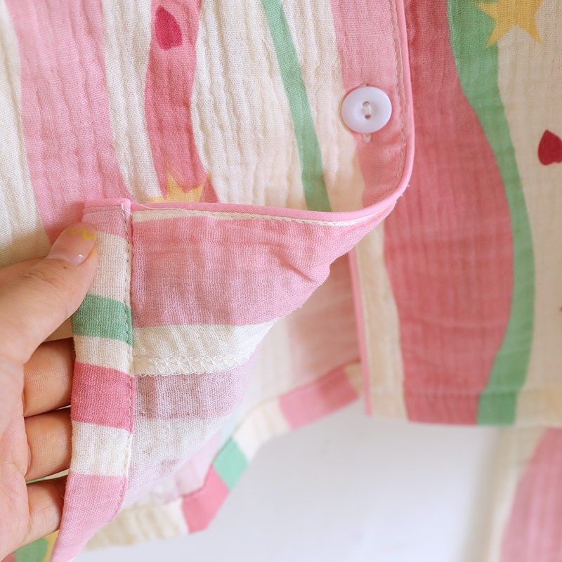 甜美多巴胺条f纹睡衣女春秋夏季纯棉纱布长袖家居服套装薄款全棉