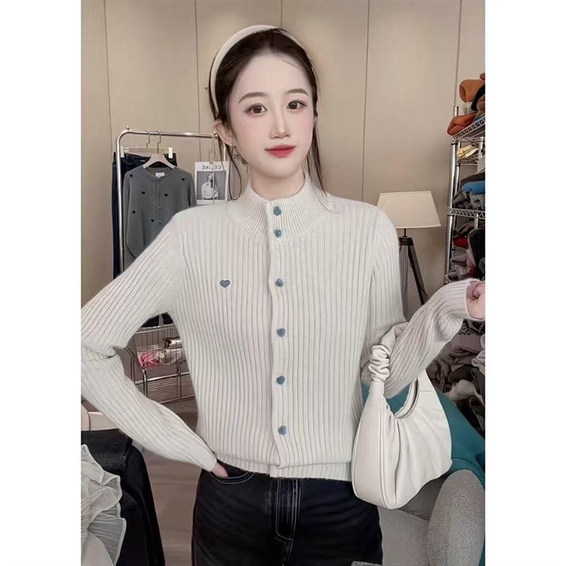2024冬季新款加厚毛衣极简风刺绣立领针织L开衫女士保暖内搭上衣