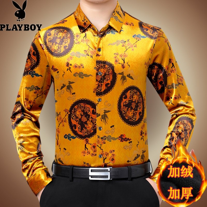 2024加绒加厚花衬衫男冬季一体绒保暖长袖印花R衬衣休闲中年爸爸