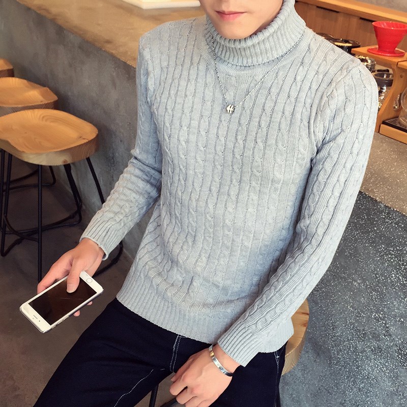 秋冬季男c士高领毛衣韩版学生修身针织衫大码纯色套头线衣打底衫