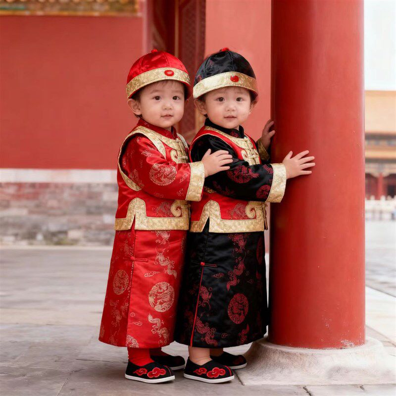 喜庆婴儿唐装阿哥装秋冬季加棉儿童皇帝装男童古装V汉服龙袍拜年