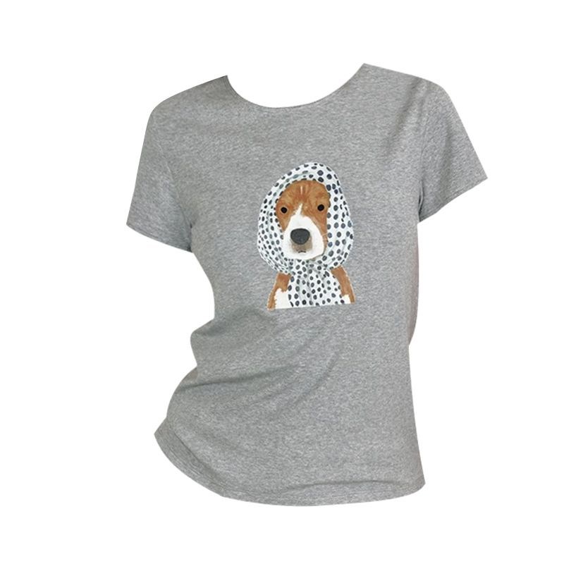 夏季韩版俏皮感波点围巾小狗印花z花边短袖T恤女2025新款气质上衣