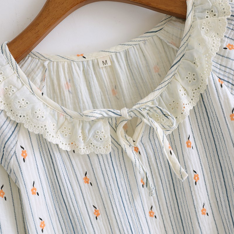 甜美蕾丝花边领清新纯棉纱布睡衣C女春秋夏款长袖家居服套装薄款