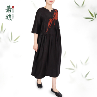萧娘【一枝独秀】紫缎龟香云纱连衣裙新中式气质女裙宽松长裙5533