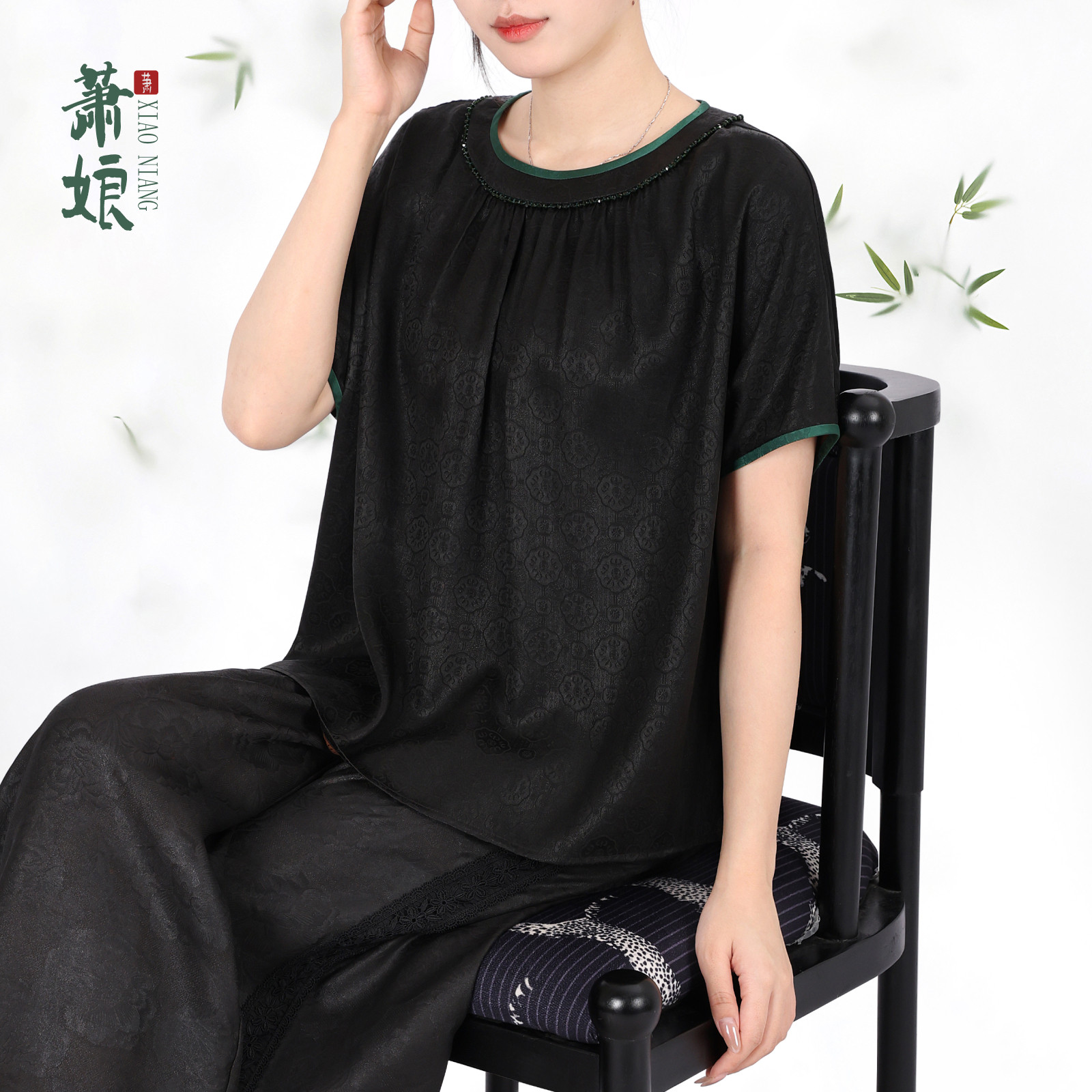 萧娘【晓玲珑】香云纱宽松百搭圆领上衣桑蚕丝国风女上衣XN5208