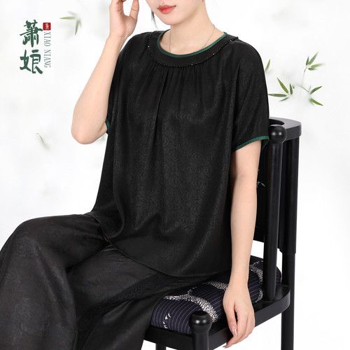萧娘【晓玲珑】香云纱宽松百搭圆领上衣桑蚕丝国风女上衣XN5208
