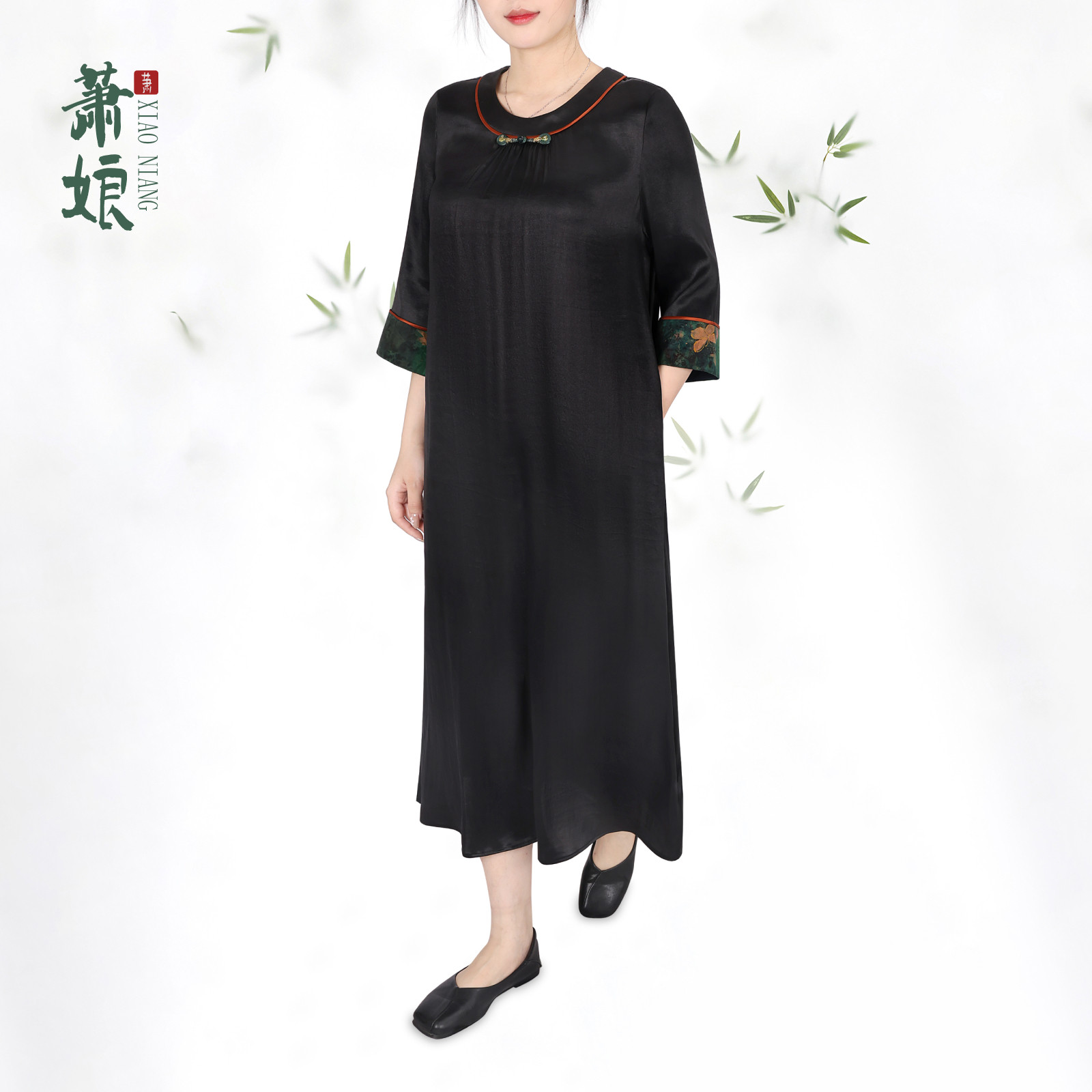 萧娘【云野】弹力缎香云纱新中式桑蚕丝连衣裙中国风长裙夏5039