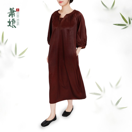 【古韵】小重锻红云纱新中式复古国风宽松气质V领连衣裙XN5436
