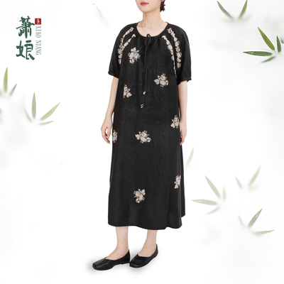 萧娘【格调】香云纱龟裂纹新中式连衣裙国风宽松连衣裙3041
