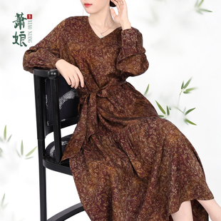 萧娘【画中秋】红云纱连衣裙V领长袖女裙桑蚕丝气质新中式裙5666