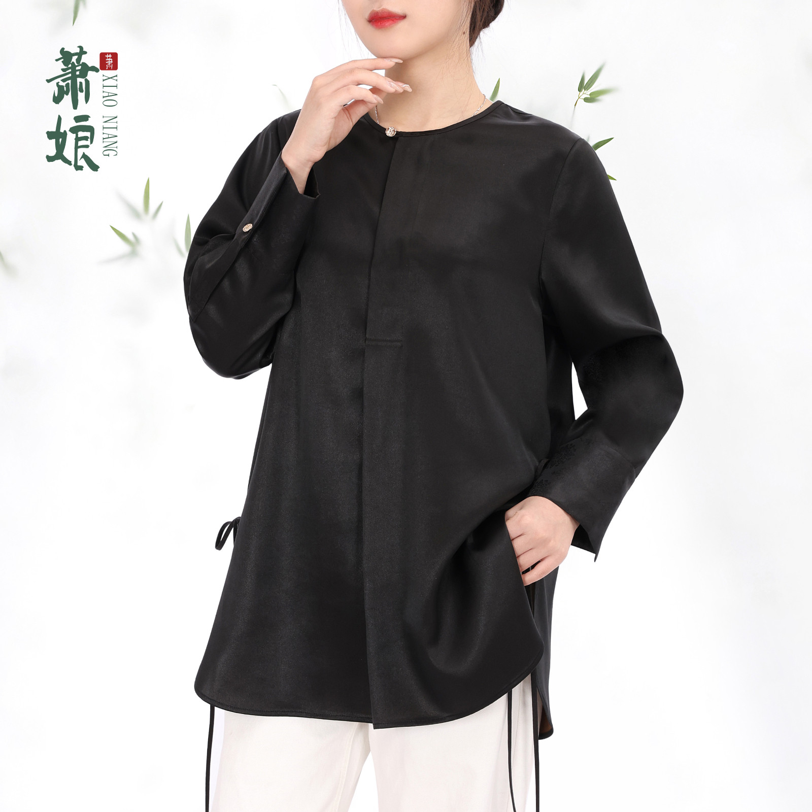 萧娘【未落铜】香云纱经典上衣新中式桑蚕丝长款衬衫XNA0208