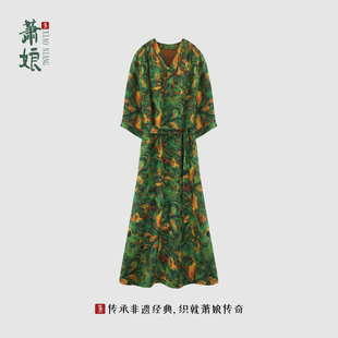 【蝴蝶油画】红纱长袖连衣裙新中式桑蚕丝长裙宽松气质女裙5673