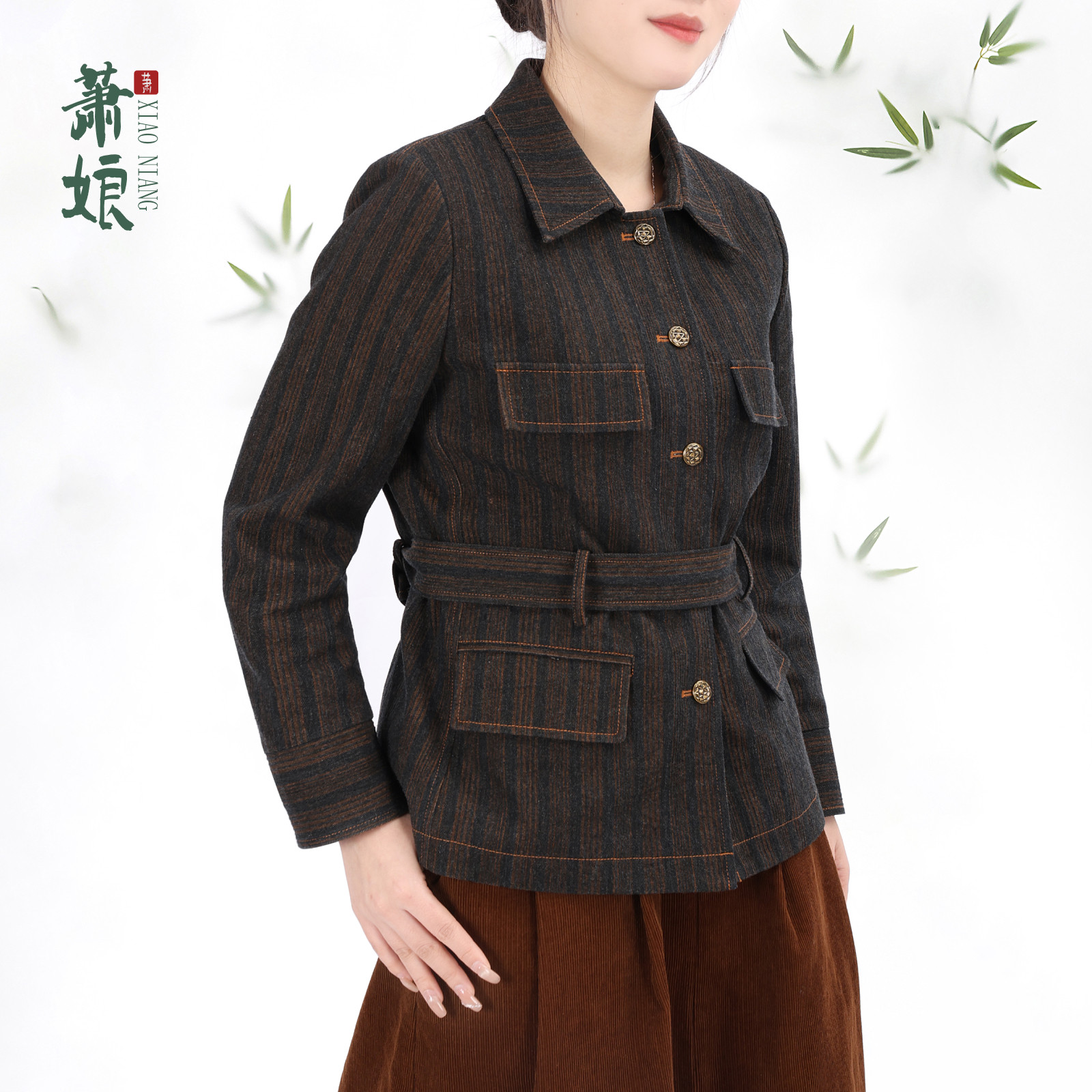 萧娘【宜安】牛仔棉法式老钱风收腰衬衫腰带多口袋短外套女3120