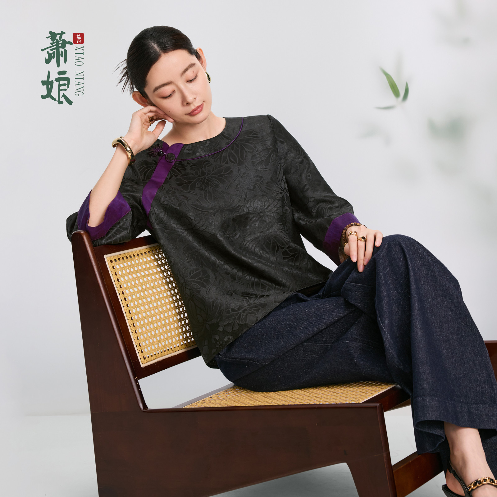 萧娘【莲清幽】桑波缎香云纱上衣新中式圆领长袖国风上衣1963