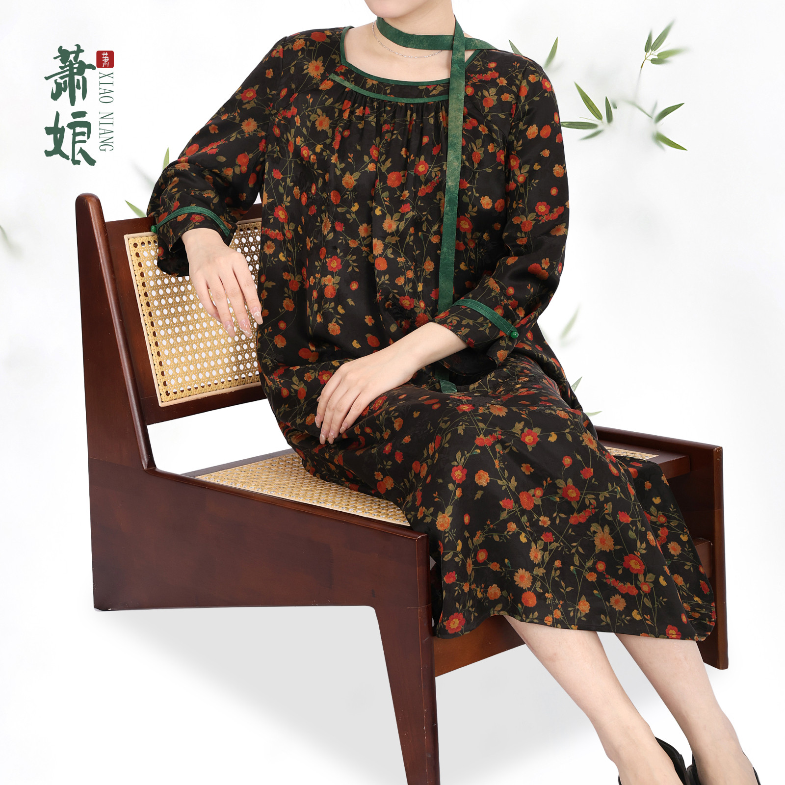 萧娘【望月怀远】香云纱长袖连衣裙新中式桑蚕丝长裙气质春夏5712