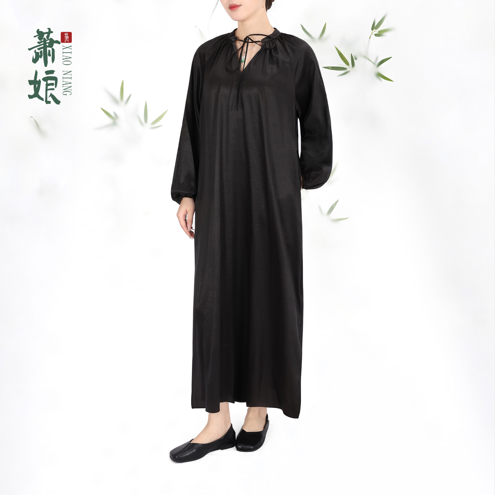 萧娘【忆潇湘】弹力缎新中式女连衣裙中国风桑蚕丝中长款2067