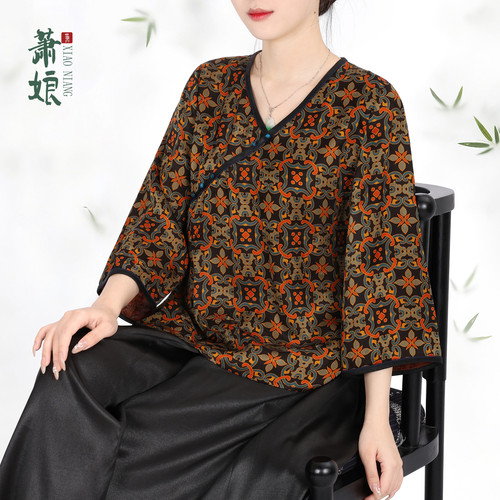 萧娘【温婉】红云纱复古上衣新中式桑蚕丝长袖女夏季国风上衣1961
