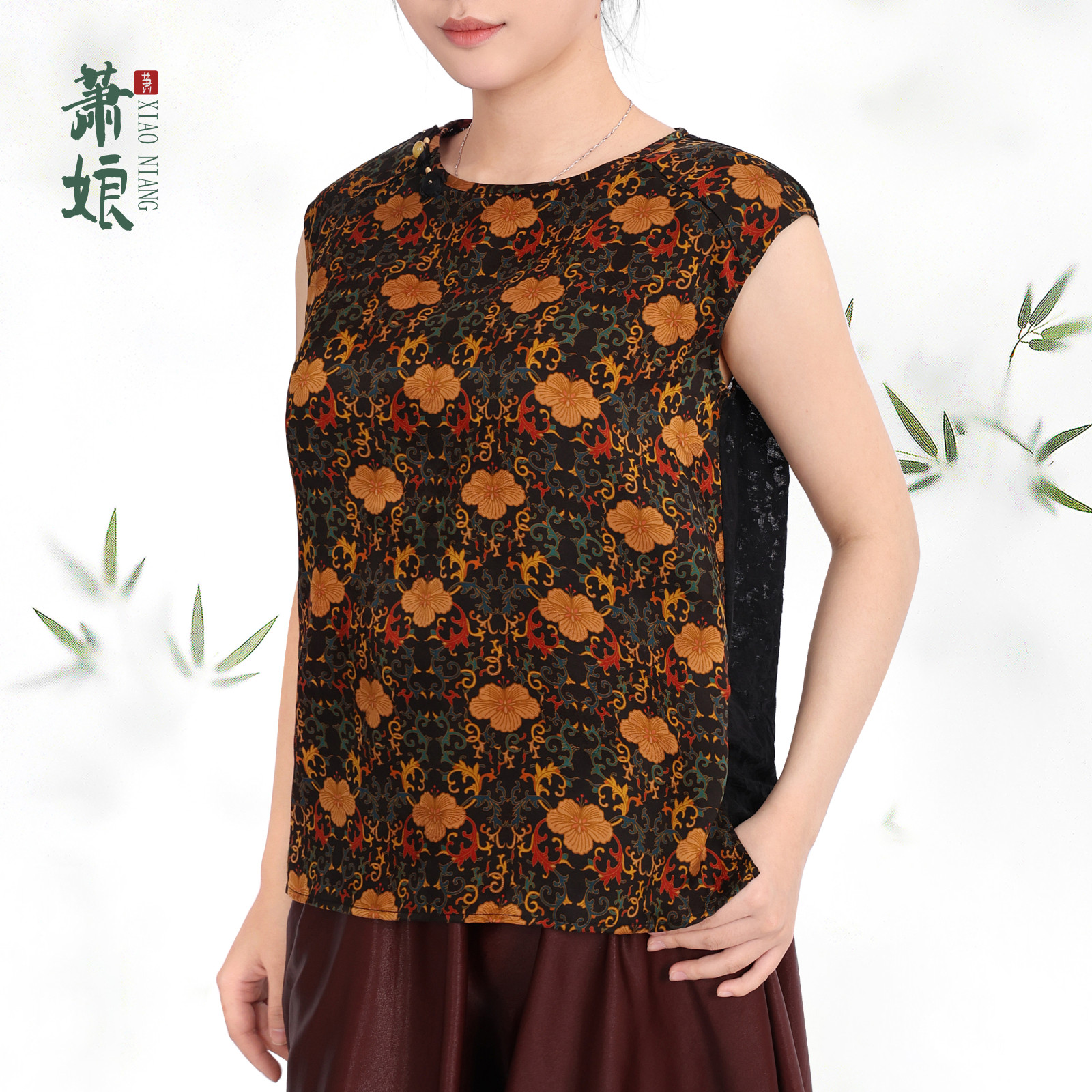 萧娘【兰花皇后】桑波缎拼蕾丝背心夏新中式无袖套头女上衣5219