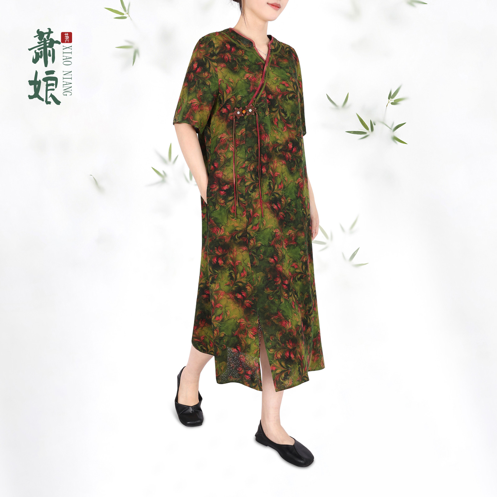 萧娘【涅磐重生】红云纱新中式国风气质桑蚕丝短袖连衣裙XNB0059图片