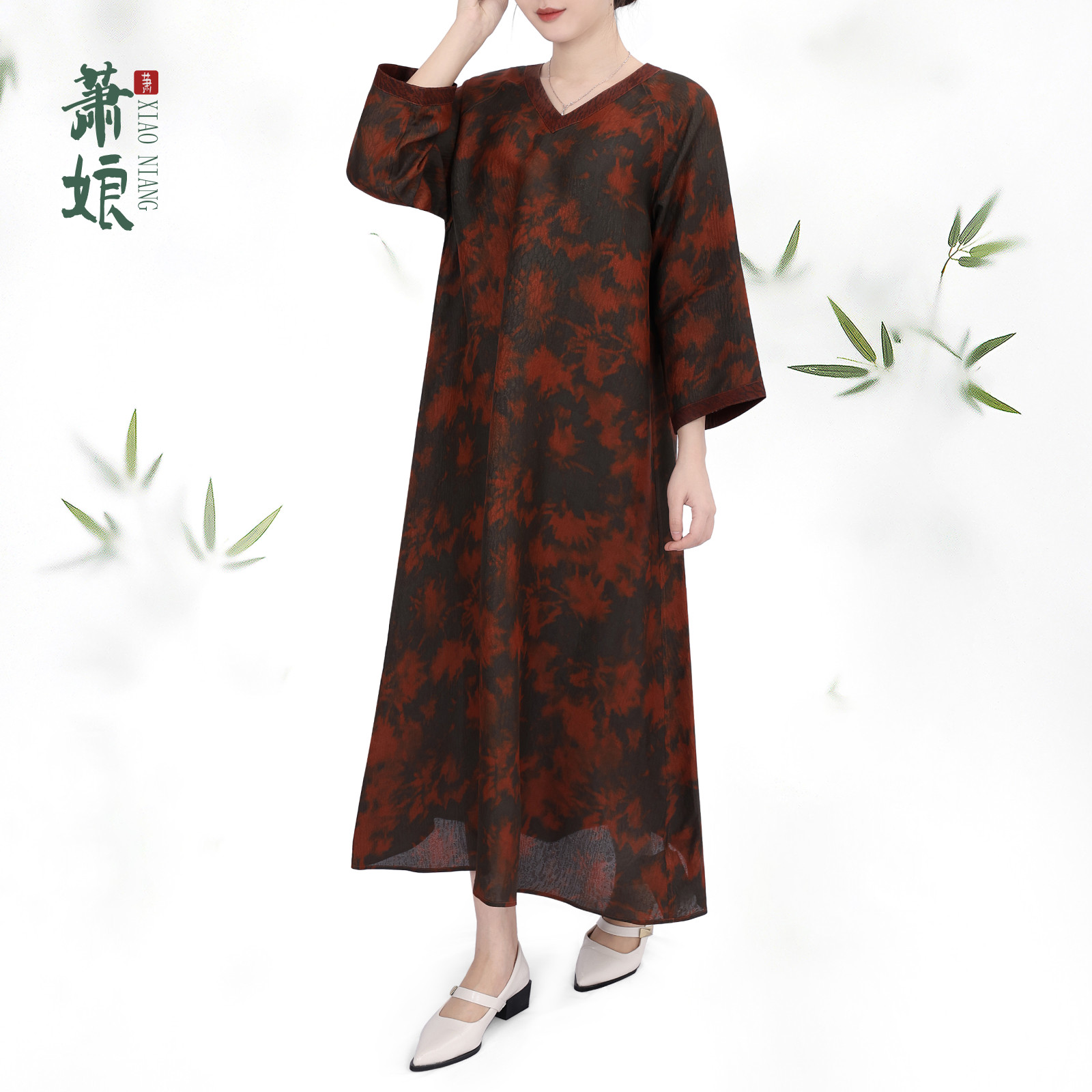 萧娘【银狐】黄金丝红云纱桑蚕丝新中式宽松连衣裙气质国风2035