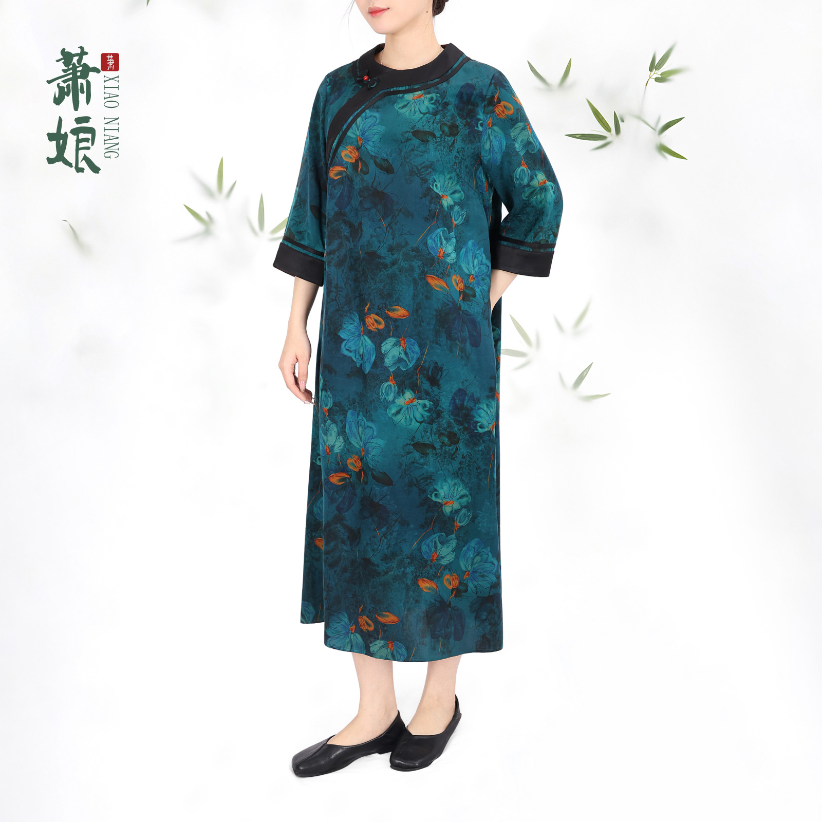 萧娘【蓝韵】红云纱提花透孔罗桑蚕丝新中式连衣裙中国风长裙1872