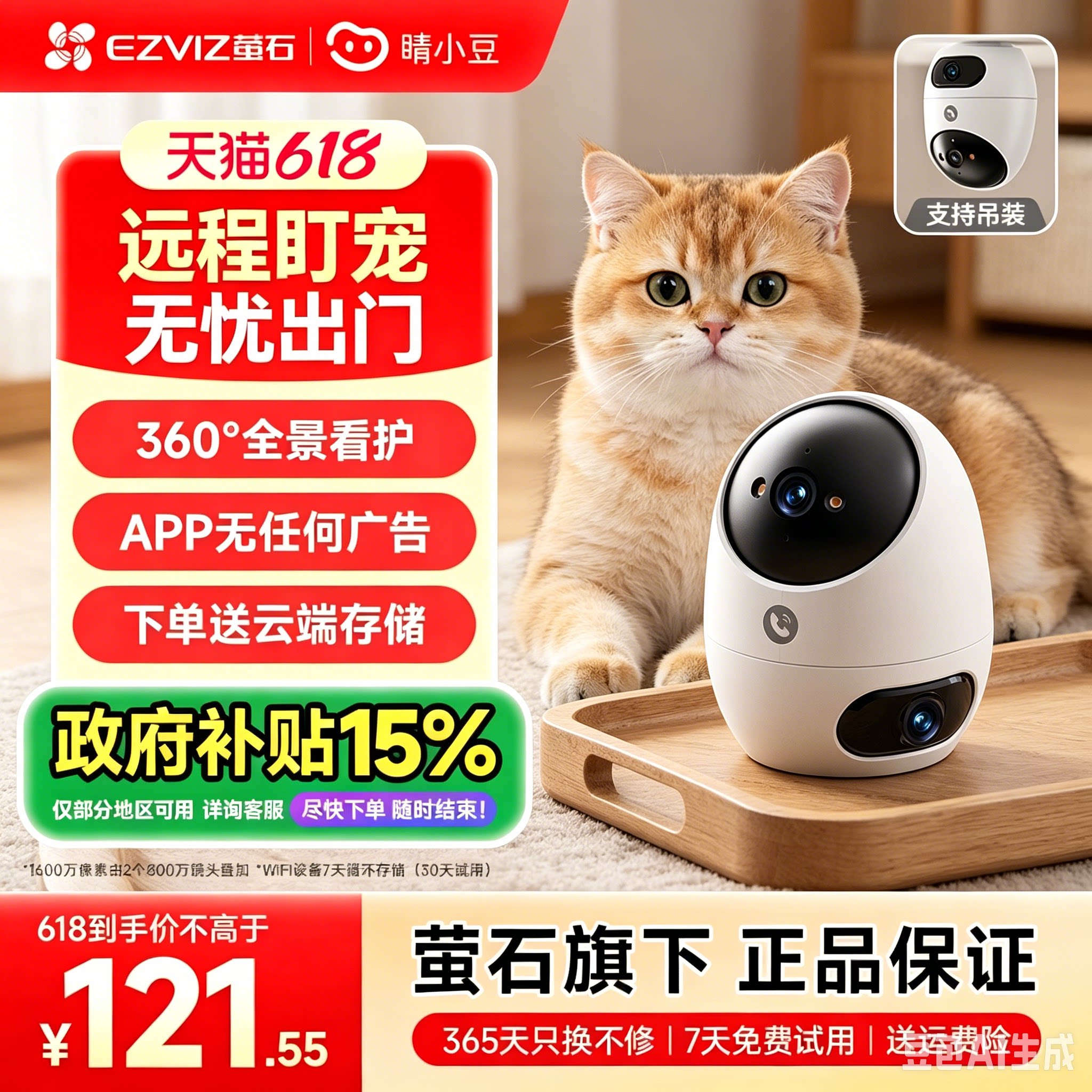 萤石宠物监控家用手机远程睛小豆室内360度全景监控器高清摄影头