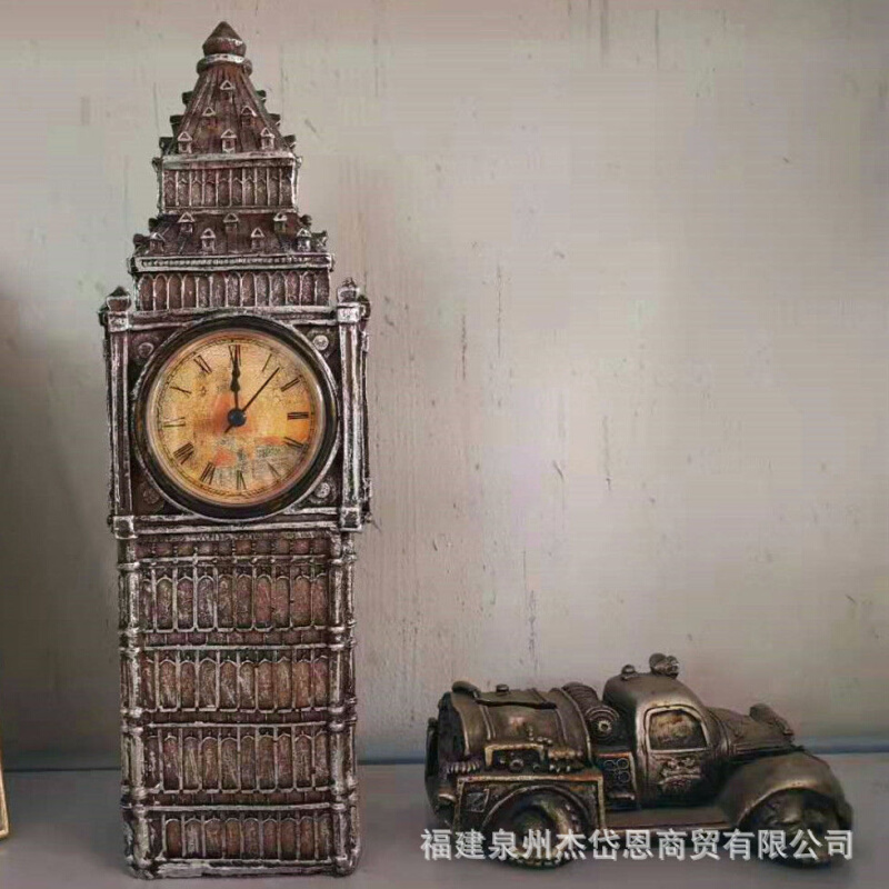 复古民国咖啡色大笨钟装饰古董怀旧物件卧室桌面客厅树脂摆件