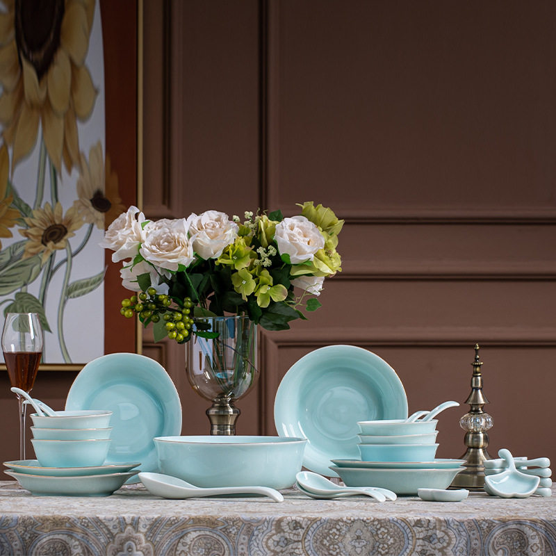 平面青瓷金边餐具碗碟餐具套装陶瓷餐具陶瓷米饭碗碗筷套装餐具