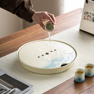 陶瓷茶盘小型家用现代轻奢储水茶台沥水茶托盘排水干泡圆形小茶盘