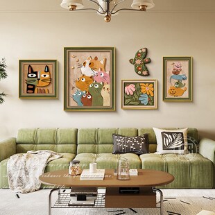 精选趣味猫咪中古风客厅沙发背景墙装饰画组合壁画卡通法式多巴胺