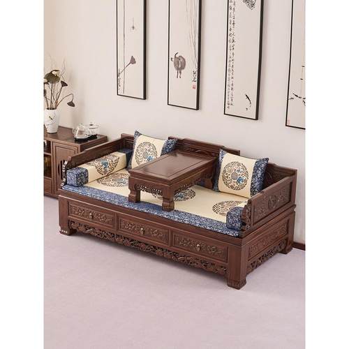 老榆树罗汉床新中式实木推拉两用沙发床覆古储物床中式客厅家具